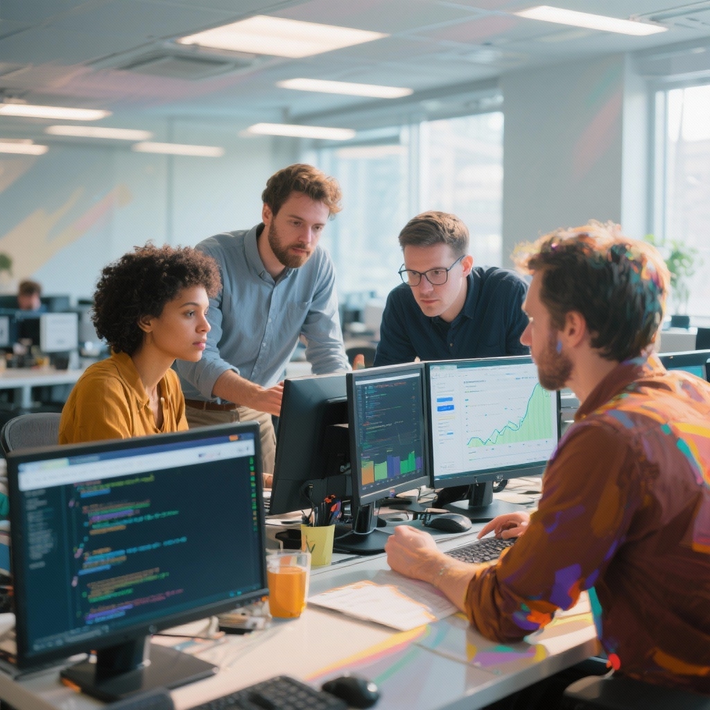 Digital marketing team collaborating on SEO strategy using analytics tools and code.